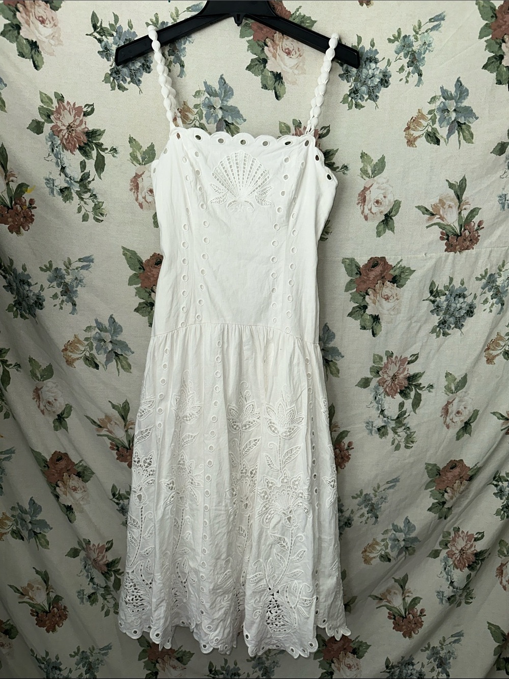 FARM Rio White Eyelet Shell-Motif Midi Dress
